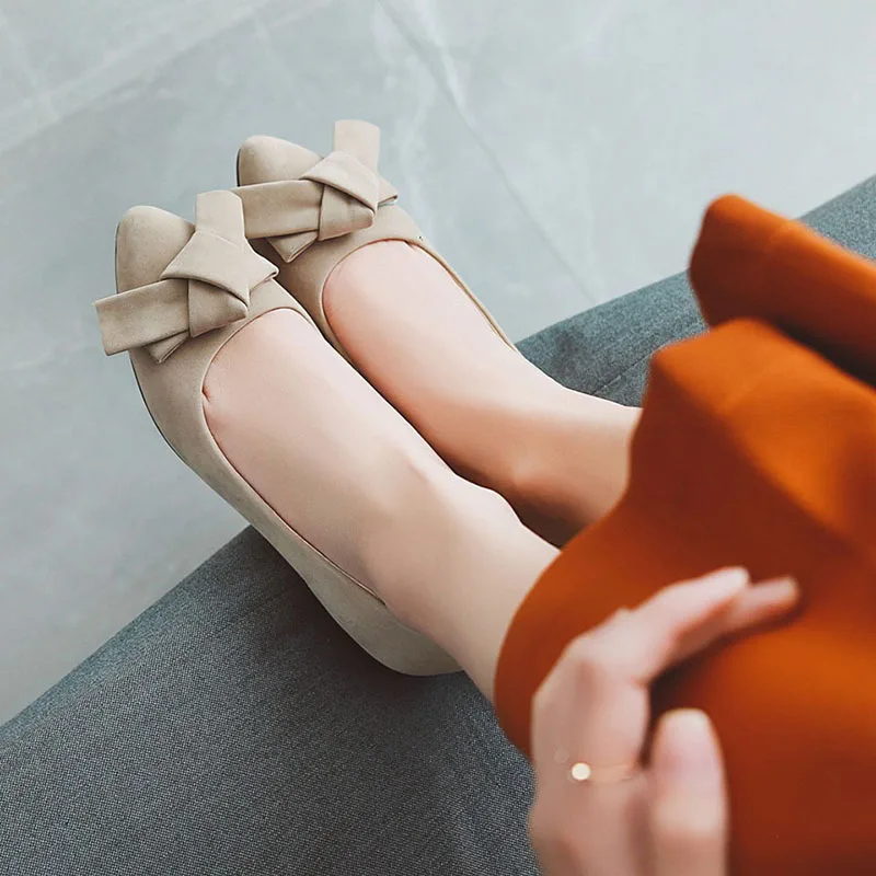Women Flats Flock Shallow Slip on Cute Bow Woman Ballet Ballerina Female Flat Shoes Pointy Scrub Boat Plus Size 45 | Обувь