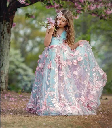 2018 Pink Arabic Princess Flower Girl Dresses for Wedding Ball Gown 3D Floral Flowers Lace Communion Dress | Детская одежда и