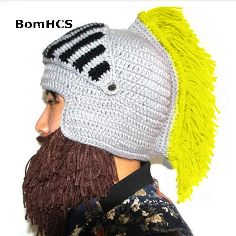 YELLOW TASSEL BomHCS забавные зимние теплые шапки с бородой для косплея Римский рыцарь вязаный шлем оригинальные варварские шапочки ручной работы мужские шапки - Цвет: YELLOW TASSEL
