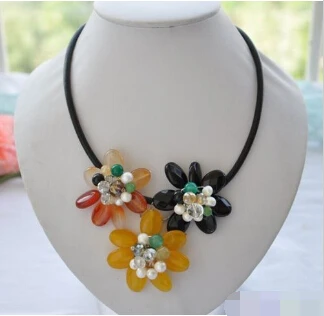Free Shipping&gt&gt&gtHandmade 18&quot red black yellow agate flower leather chain necklace | Украшения и аксессуары