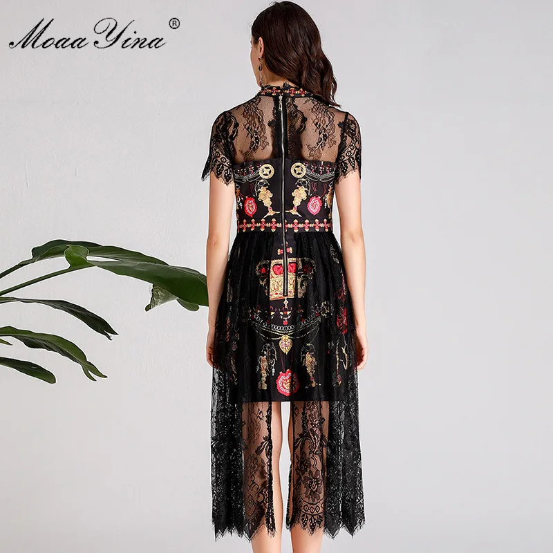 

MoaaYina Fashion Designer Runway dress Spring Summer Women Dress Diamond Stand collar Lace Short sleeve Black Vintage Dresses