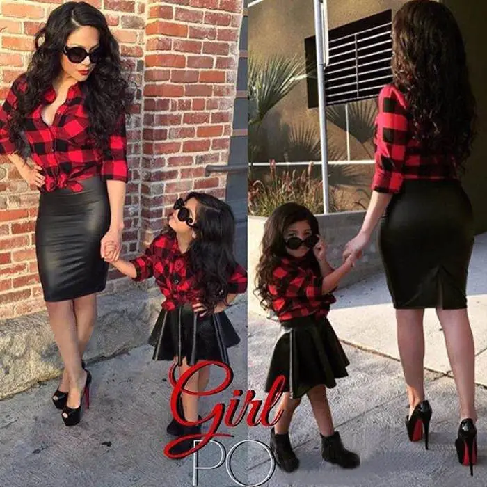 

2017 Fashion Girl Leather Skirt shirt clothing Kids Princess Plaid Tops Shirt Outfits Clothes Sets