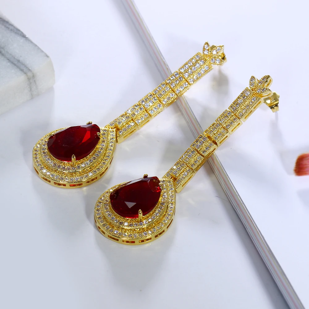 Женские серьги с фианитом роскошные длинные подвески большим камнем в форме