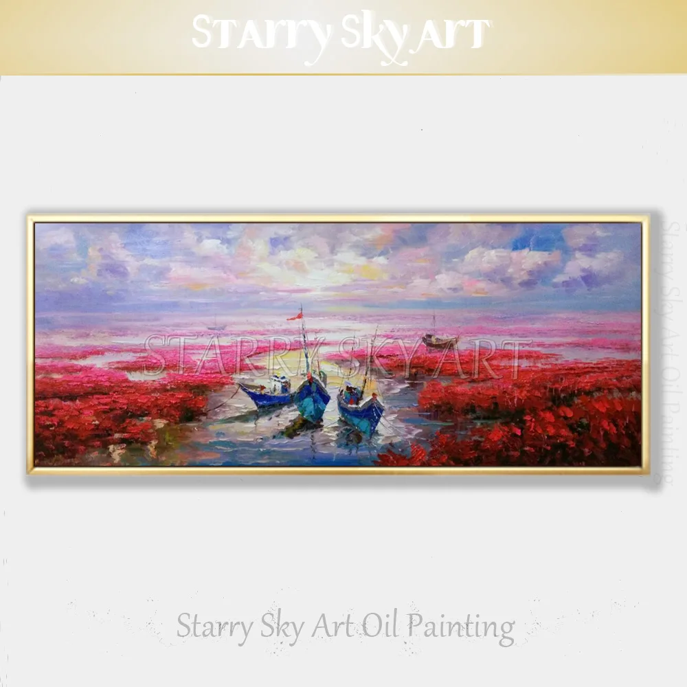 Professional Artist Hand-painted Textured Knife Landscape Acrylic Painting Large Canvas Red Flowers Sea and Boats Oil | Дом и сад
