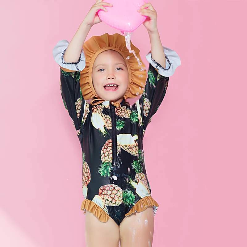 Pineapple Print Lovely Toddle Girls Swimwear Children Swimsuit One Piece Long Sleeves Sunscreen Bikini With Swim Cap | Спорт и