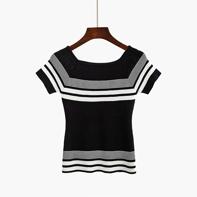 Summer Knitted Tees For Women 2019 Off Shoulder Sexy Pullovers Striped Female Knitting Shirts M L Basic Tops Cool Sweaters Hot | Женская