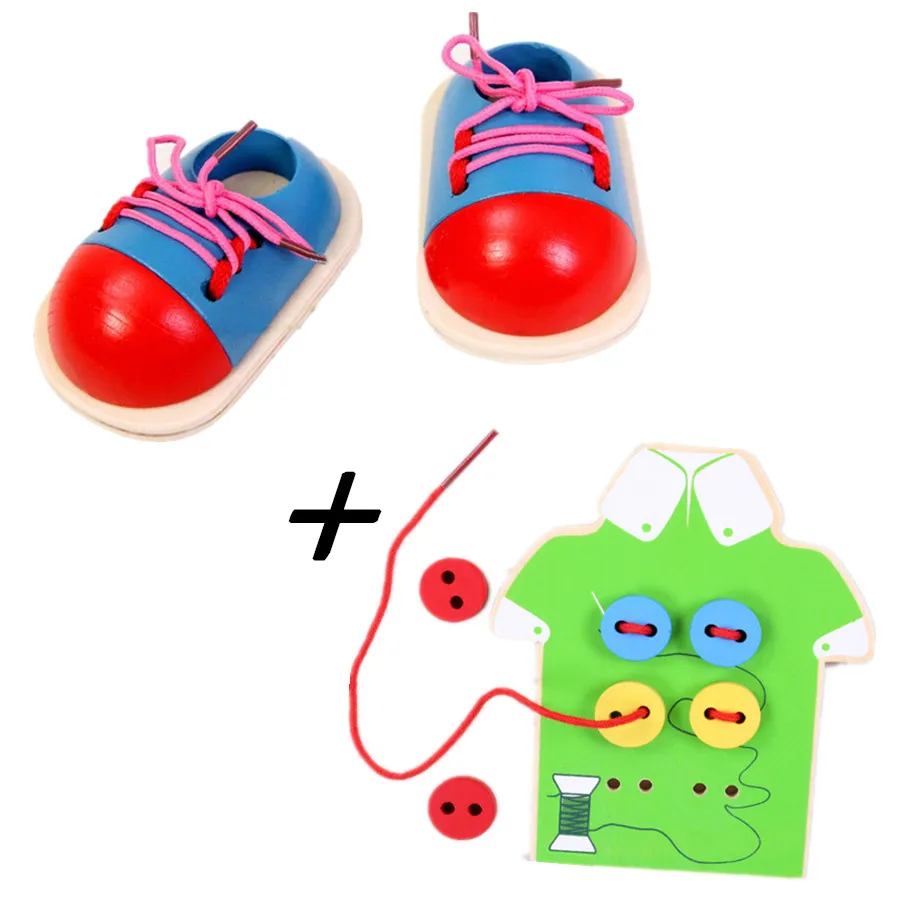 Маленьких детей 2 в 1 раннего обучения установить деревянные игрушки зашнуровать