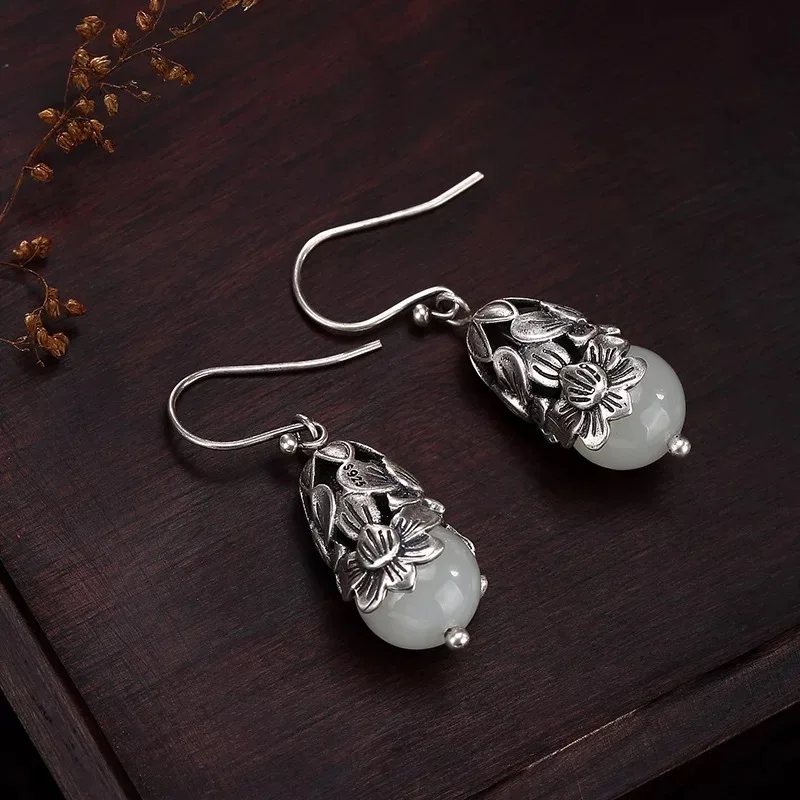 925 Sterling Silver Earrings For Women Natural Jade Plum Blossom Drop Wholesale Lots Bulk Jewelry | Украшения и аксессуары