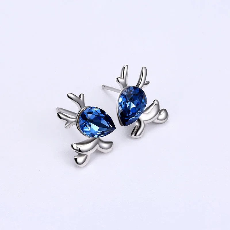 Изысканные милые стильные серьги с животными, голубой кристалл от Swarovski для женщин, серебро 925 пробы, оленьи рога, юбилейные вечерние ювелирные изделия