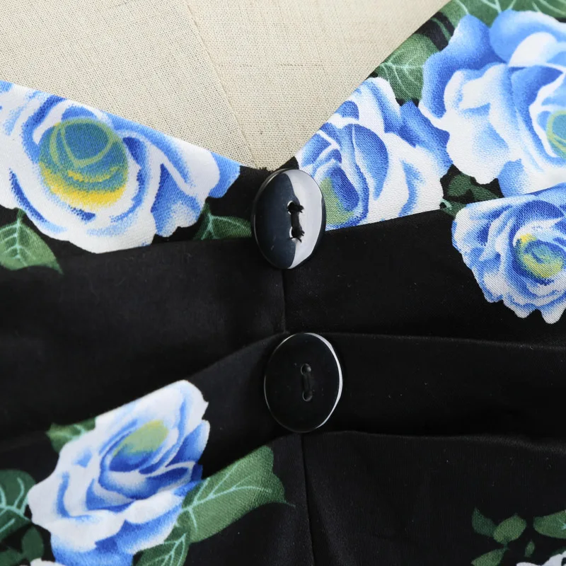 Tonval Pin Up A Line плюс Размер голубое Цветочное платье Кнопка рокабилли v-образный вырез вечерние элегантные платья женское рукав-крылышко винтажный платье