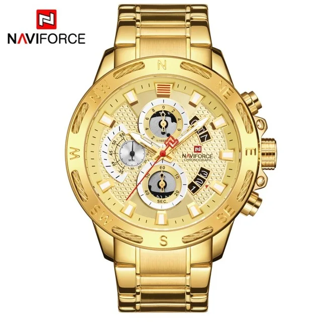 gold NAVIFORCE водонепроницаемые мужские часы из нержавеющей стали Кварцевые часы мужские Хронограф военные часы наручные часы Relogio Masculino - Цвет: gold