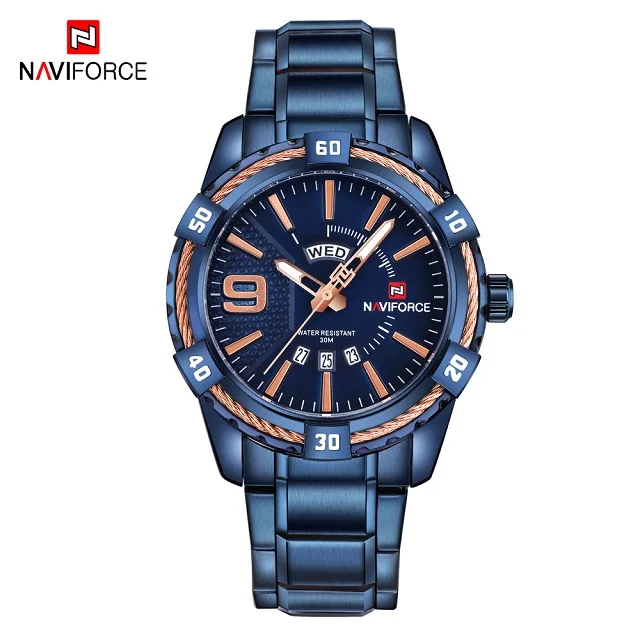 Blue NAVIFORCE модные золотые часы мужские роскошные брендовые армейские военные кварцевые часы мужские s часы водонепроницаемые спортивные наручные часы с датой недели - Цвет: Blue