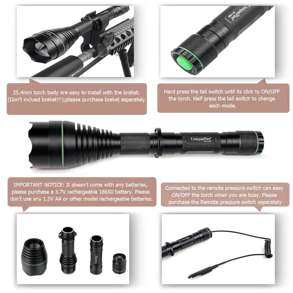 UniqueFire 1508 T50 XRE (зеленый/красный/белый) светодиодный фонарик 3 режима фокусируемая