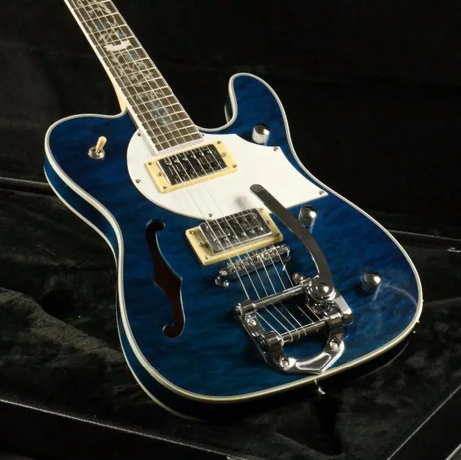 Стеганый клен Топ Полу полый корпус электрогитары T-01 Abalone инкрустация Bigsby мост синий теле