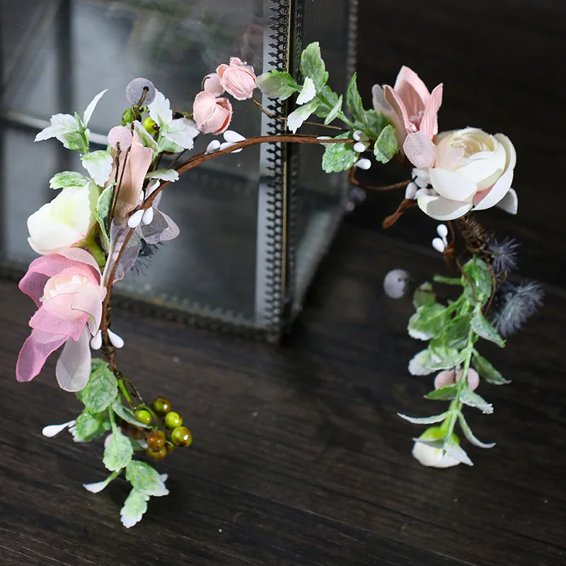 Fashion Korean Floral Hair Wreath Artificial Fabric Flower Headband Garland for Wedding Bride Bridesmaids Headwear Ornament Gift