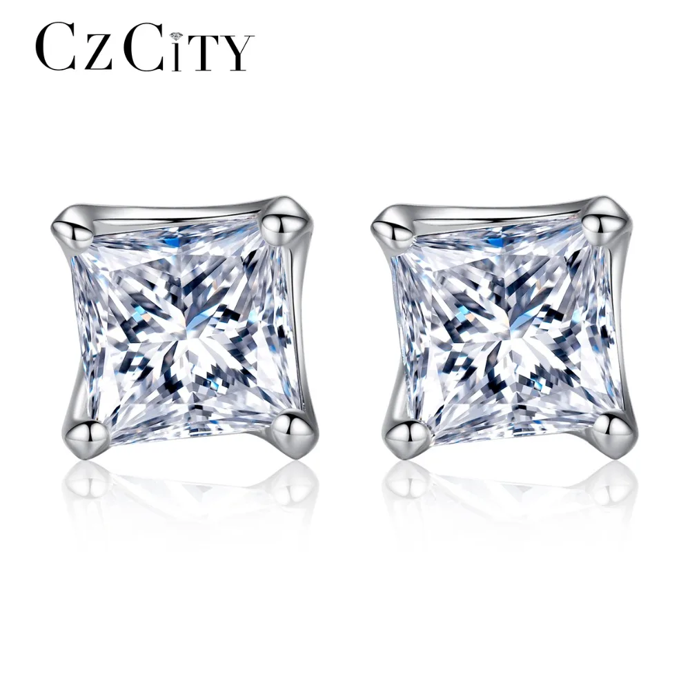 

CZCITY Brand Simple Square Cubic Zirconia Daily Work Lady Small Silver Earrings Engagement Stud Earrings for Women Party Jewelry