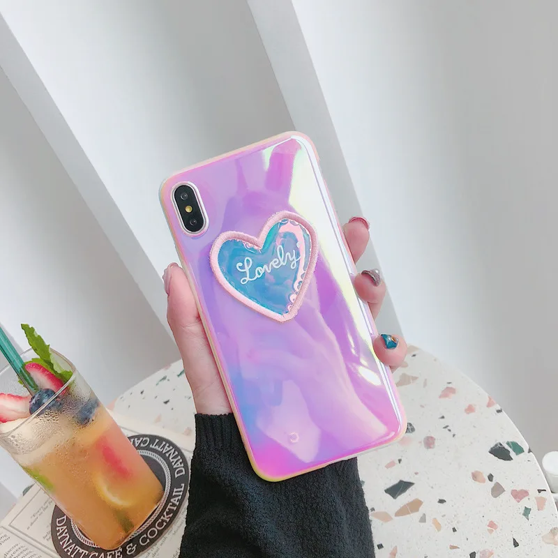 Colorful embroidery heart Pink Phone Case For iPhone X XS Max XR 6s 6 7 8 Plus Laser gradie Cover Fitted |