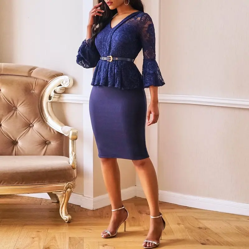 Party Sexy Elegant OL Lady Women Pencil Dresses Bodycon High Waist Lace Hollow Mesh Vintage Female Fashion Blue Retro Dress | Женская