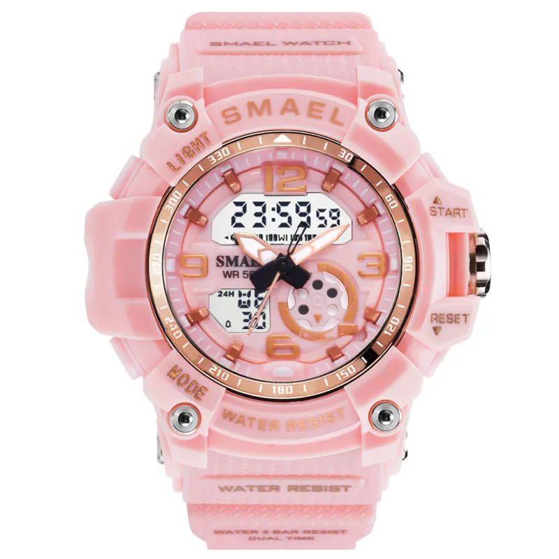 LightPink Спортивные часы, цифровые женские SMAEL, женские часы, браслет, дамские военные армейские светодиодный часы, reloj mujer1808, женские часы, 50 м, водонепроницаемые - Цвет: LightPink