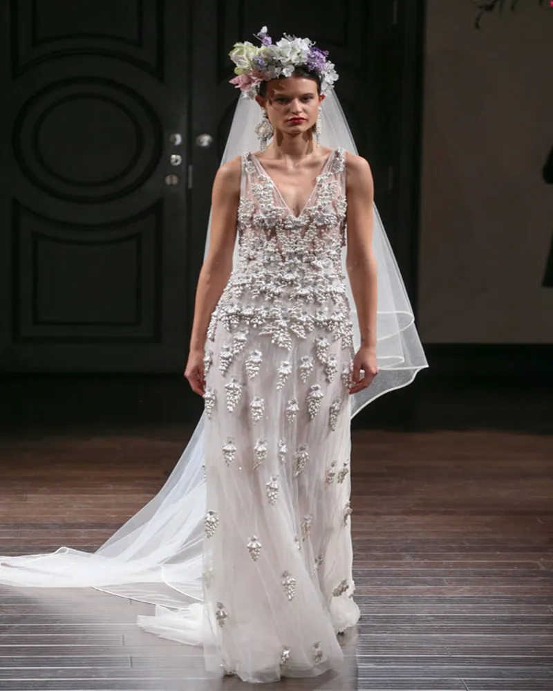 Роскошный Жемчуг Пляж Свадебное Платье 2016 Сексуальная See Through Vestido De Noiva V образным