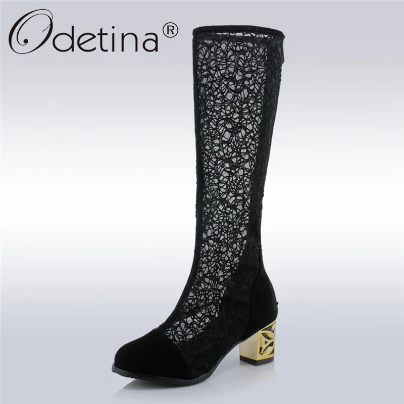 Odetina/2019 Новая мода женские Летние сапоги до колена с вырезами на толстом каблуке