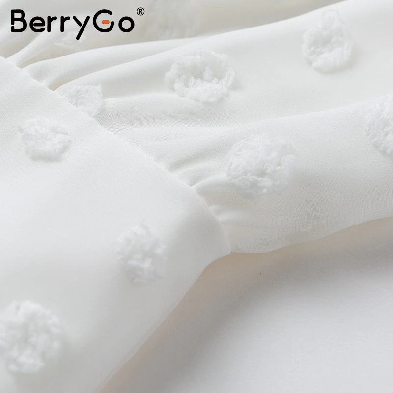 BerryGo элегантное шифоновое белое платье с рюшами женское сексуальное кружевное платье в горошек с длинным рукавом женское роскошное тонкое вечернее платье