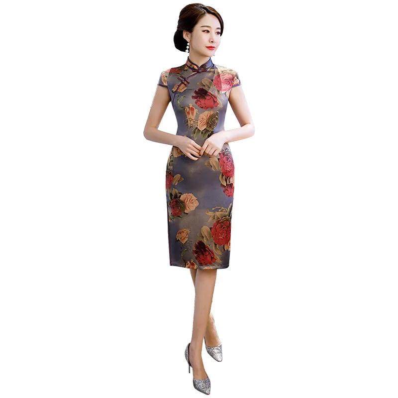 Большой размеры 3XL Vestidso Винтаж леди китайский Cheongsam атласные Короткие пикантные для женщин Вечеринка Платья для с цветочным Принто