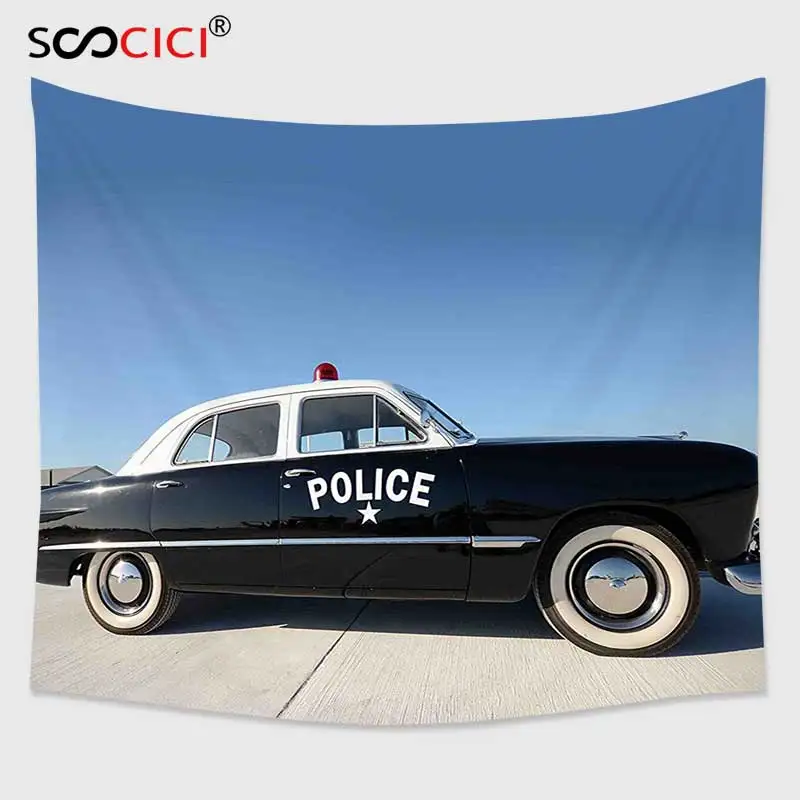 

Настенный Гобелен Cutom, американский вид сбоку припаркованного старого полицейского автомобиля и неба, цифровая печать, синий, бежевый