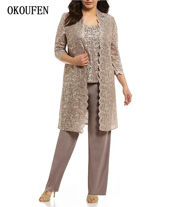 Latte Plus Size Mother of the Bride groom Dresses Suit for Wedding Stretch 3-Piece Pant Set kurti vestido de madrinha farsali - Цвет: Latte