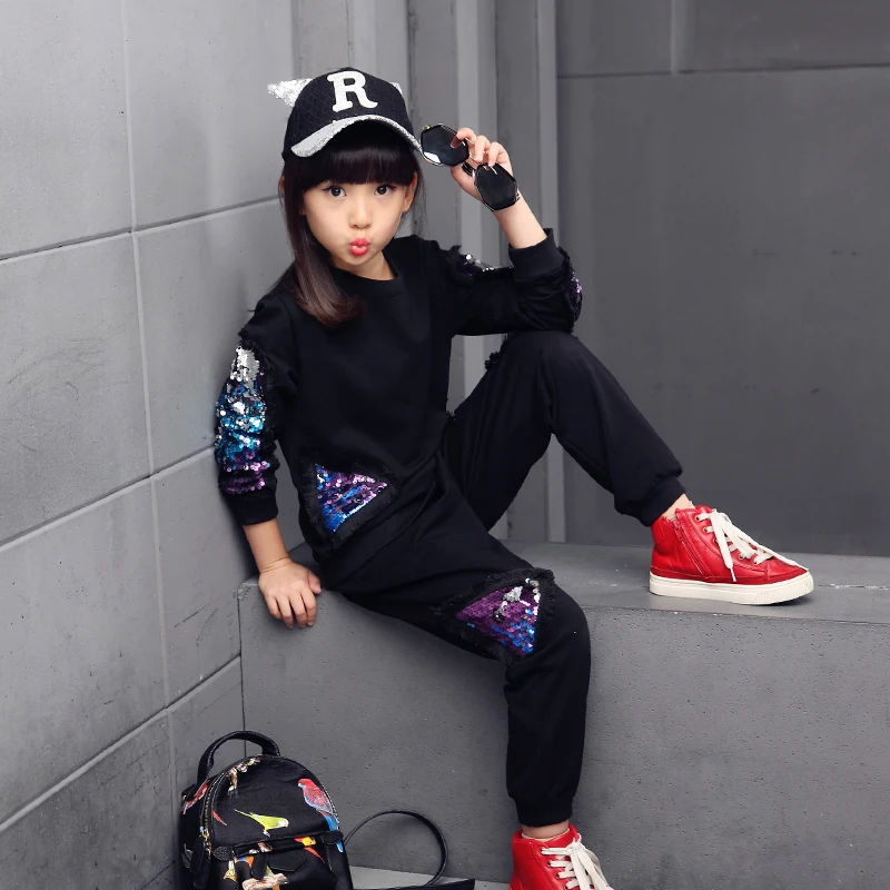 2020 spring new sequins girls autumn clothes children's sports and female children long sleeves 2 PCS Clothes suit | Детская одежда