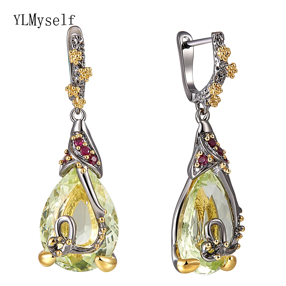 

2022 Beautiful Teardrop Olivine Zircon Stone Dangle Earrings Flower Jewellery Yellow Color Jewelry Women's Drop Earring