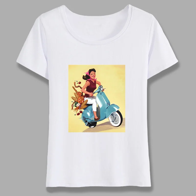 Винтажные мотоботы девушки наездницы футболка для женщин мотоцикл Vespa с