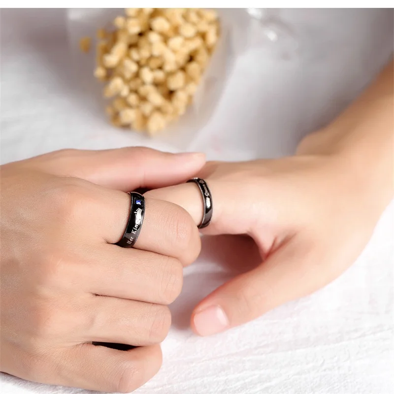 

V.YA Her King&His Queen Simple Crystal Stone Crown Rings For Couple New Design Stainless Steel Black Engraved Ring For Lover
