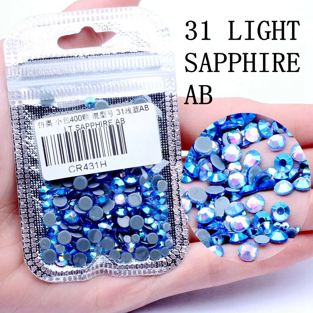 LIGHT SAPPHIRE AB Смешанные размеры 400 шт./упак. все AB Цвета Hotfix Flatback Стразы для ногтей Rhinestoens для дизайна ногтей 3D украшения для ногтей украшение драгоценных камней - Цвет: LIGHT SAPPHIRE AB