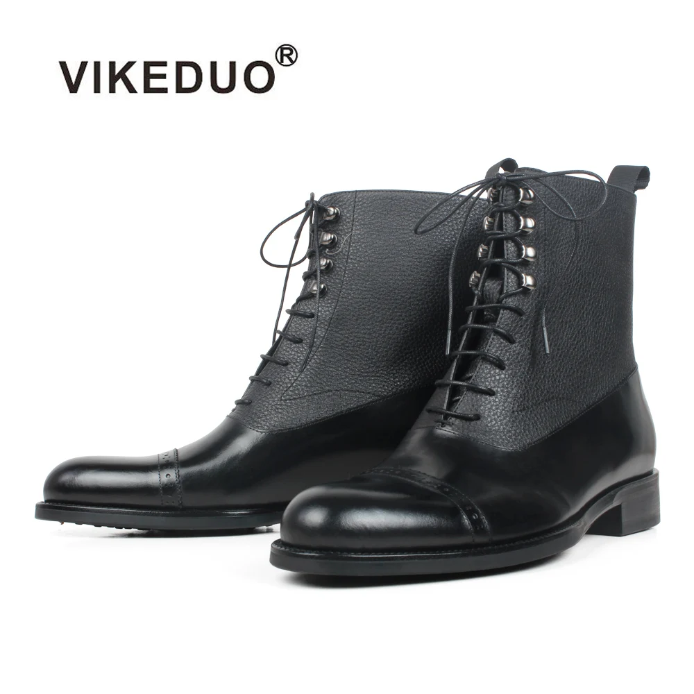 

VIKEDUO 2019 New Patchwork Leather Boots Men Brogue Blake Patina Mans Footwear Handmade Round Toe Black Luxury Brand Boots Male