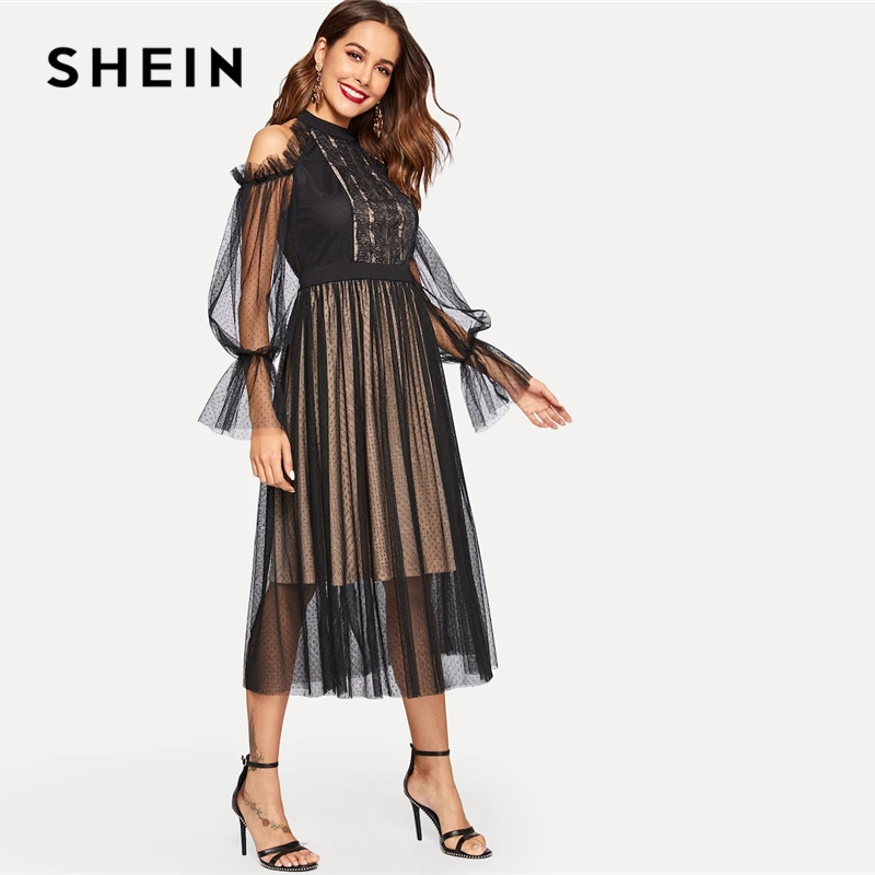 SHEIN Платье С Оборкой И Кружевом Платье С Открытым Плечом Кружевное Платье с Рюшами С Воротником-стойкой С Высокой Талией Элегантные Осенние Платья