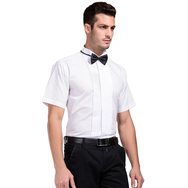 Shenrun Men White Short Sleeve Shirts Male High Quality Formal Shirt Wing Collar Wedding Groom Business Party Prom Size 38-46