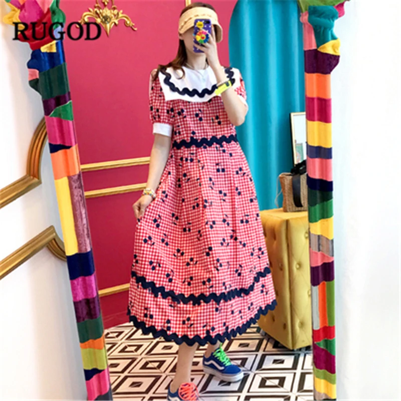RUGOD 2019 Новое Женское шикарное клетчатое платье с вишневым принтом воротник Питер