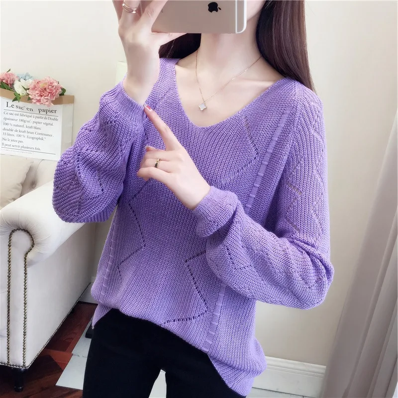 Casual Kintted Sweater Women Sexy V-Neck Long Sleeve Pullovers Thin Hollow Out Geometric Warm Tops 2019 Autumn Women's Sweaters | Женская