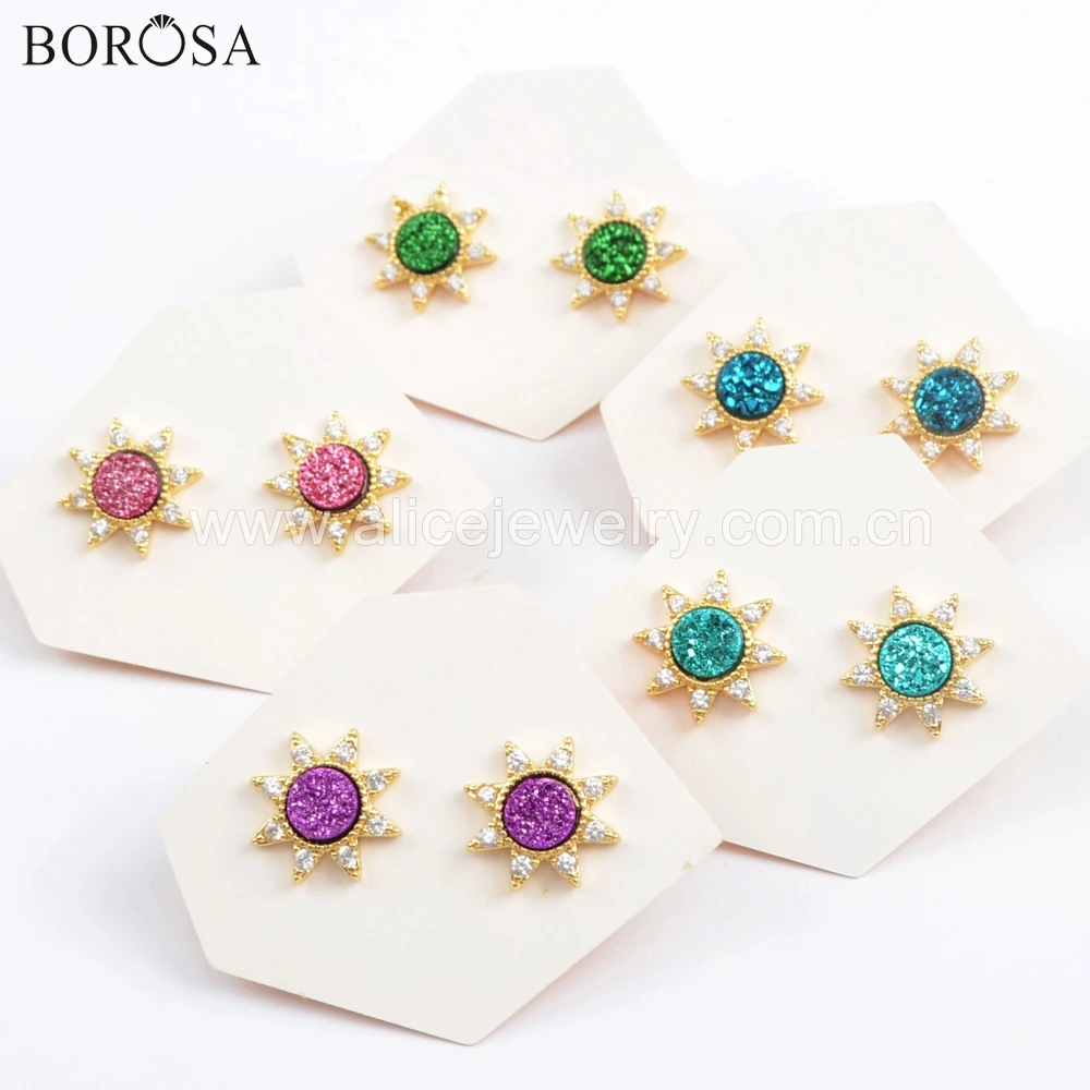 BOROSA 5 пар Оптовая Продажа гексаграммы Агаты друзы серьги гвоздики натуральные Drusy