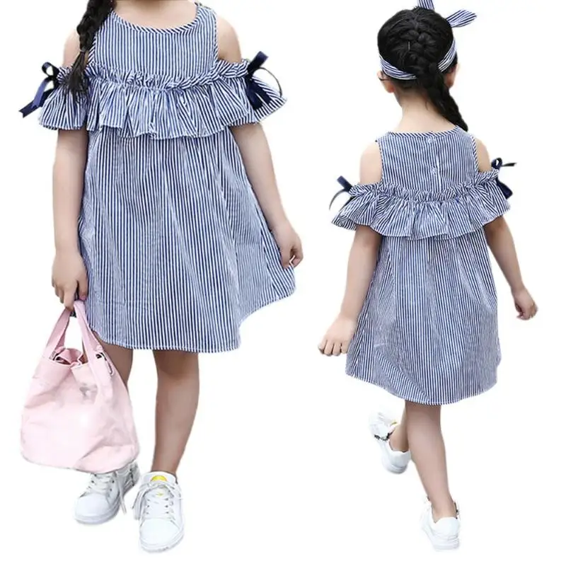 Baby Girls Dress Korean Style Cold Shoulders Tie Ruffles Princess Tutu Stripes Girl Clothes Shoulder | Детская одежда и обувь