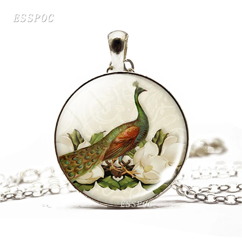 Ожерелье с павлином ручной работы стеклянный кабошон подвеской в виде павлина