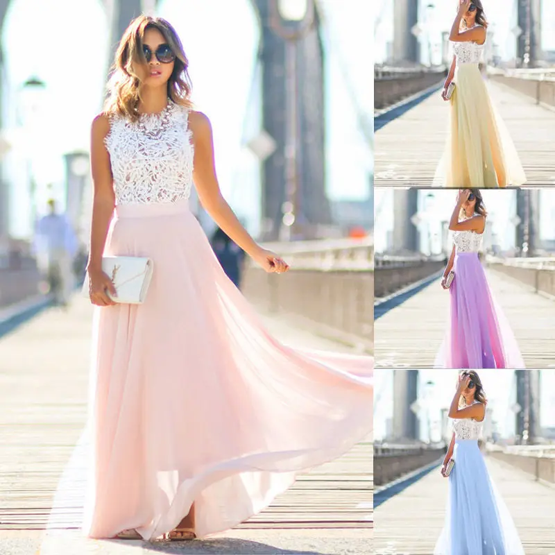 Женское шифоновое вечернее платье длинное кружевное бальное макси для