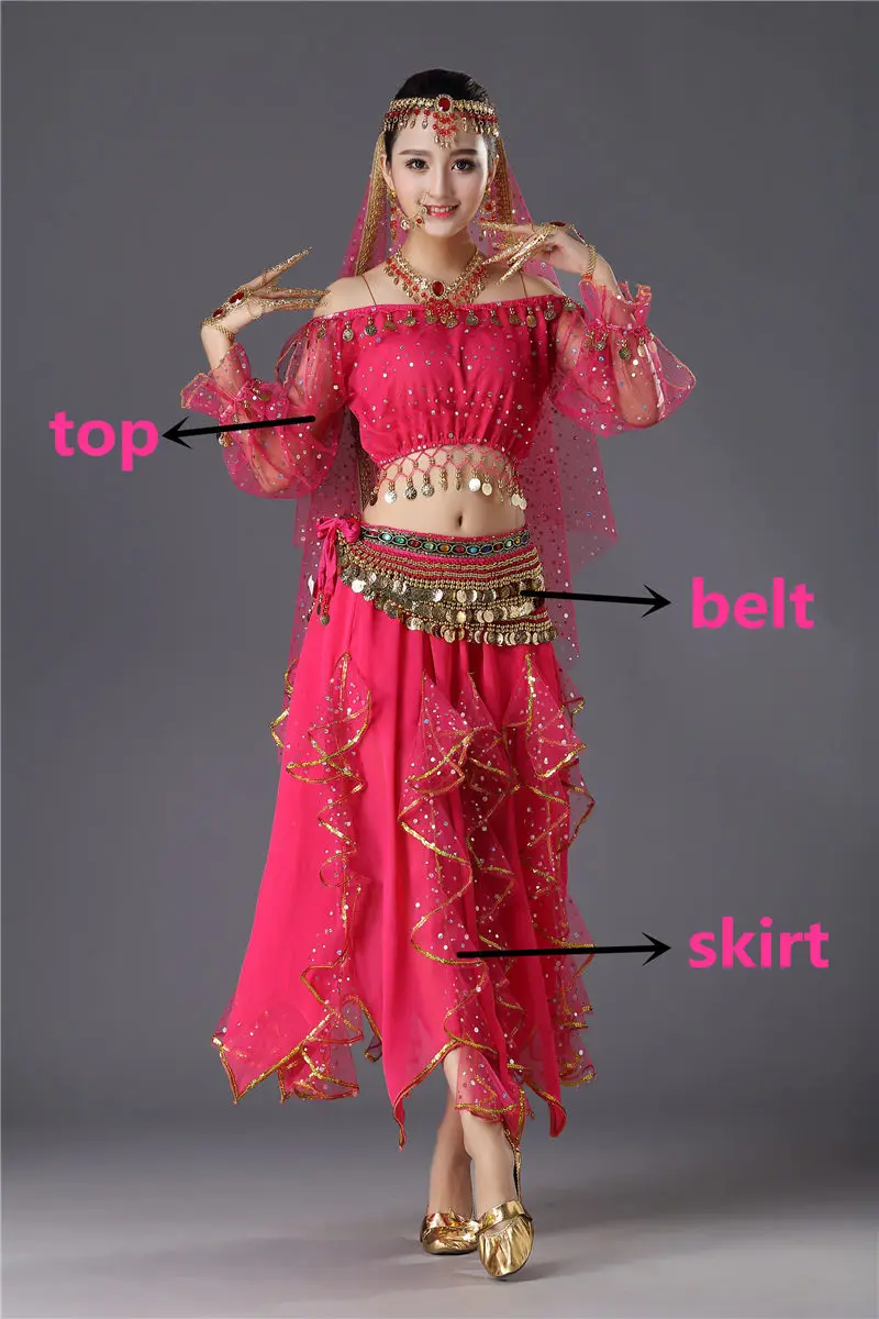 Rose Red 3pcs Костюмы для танца живота, Египетский сценический танец, индийский танец живота, Женский Болливуд, длинные рукава, Одежда для танцев для девочек - Цвет: Rose Red 3pcs