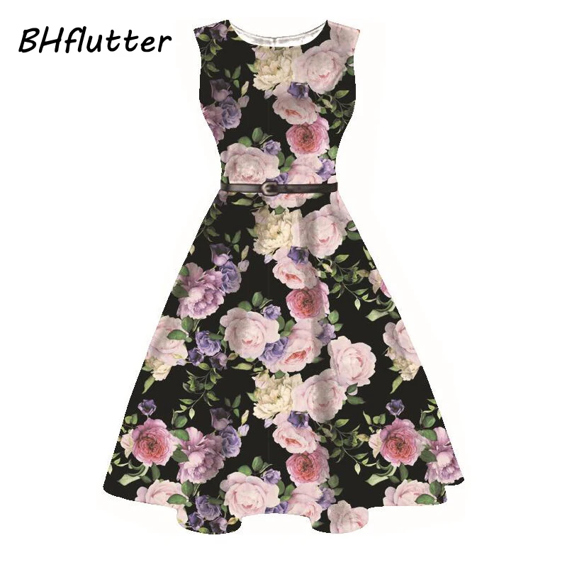 BHflutter Women Dress New Arrival 2017 Floral Print Sleeveless Summer Dresses Ladies Ball Gown Vintage Party Vestidos | Красота и