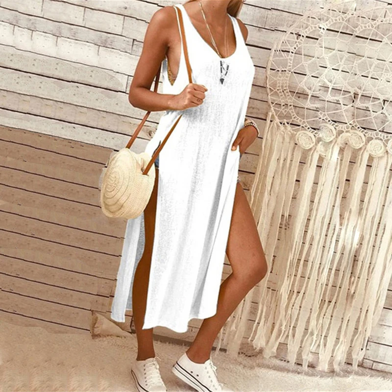 Женское длинное платье ELSVIOS однотонное пляжное с круглым вырезом без рукавов для