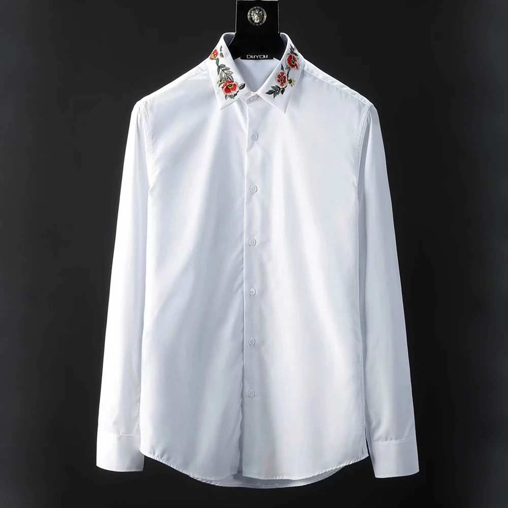 

DUYOU Brand Men 100% Cotton Shirt Men Long Sleeve Shirt Mens Slim Fit Dress Shirt Male Collar embroidery flower Casual Shirts