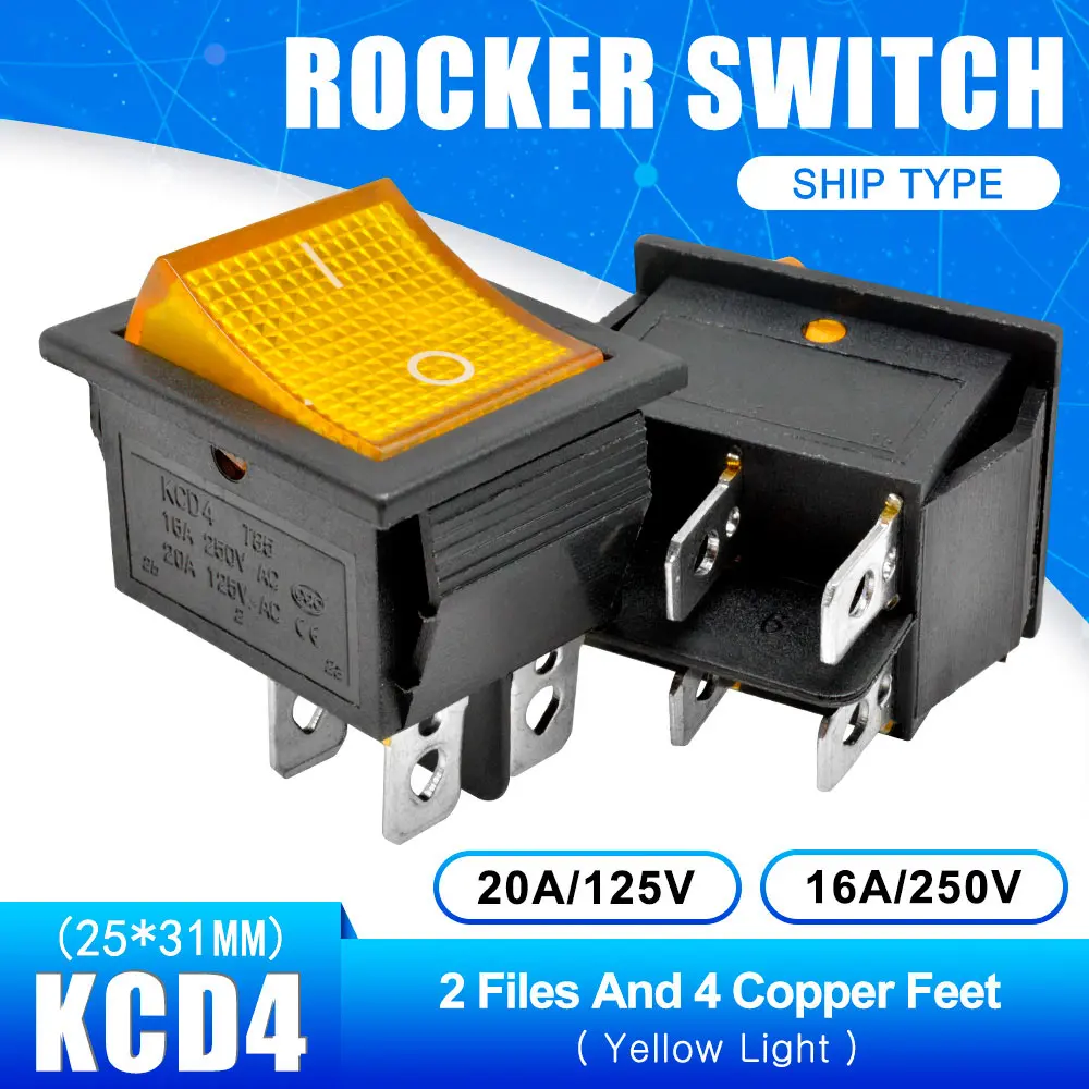 Yellow with Light KCD4 Кулисный Переключатель Кнопка ВКЛ/ВЫКЛ 2 Позиции 4 штырей, 6pins, электротехническое оборудование с светильник Мощность переключатель 16A 250VAC AC 250V - Цвет: Yellow with Light