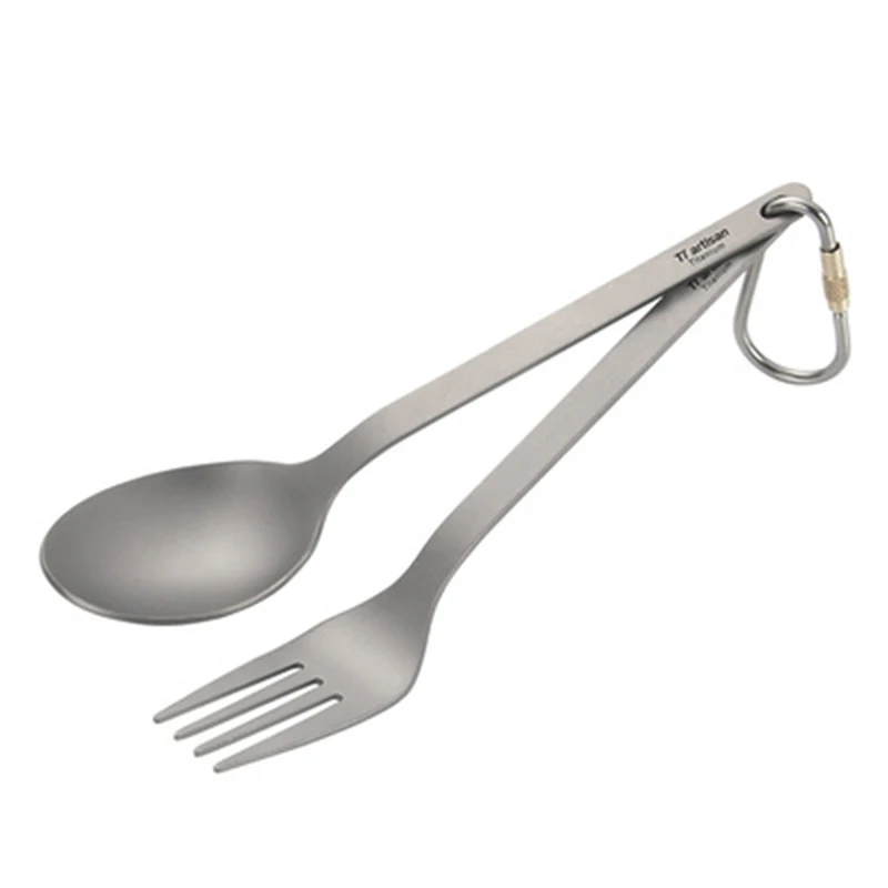 Titanium Tableware Spoon Fork Cutlery Set with Carabiner Storage Sack fo Outdoor Camping Hiking Traveling Picnic Flatware