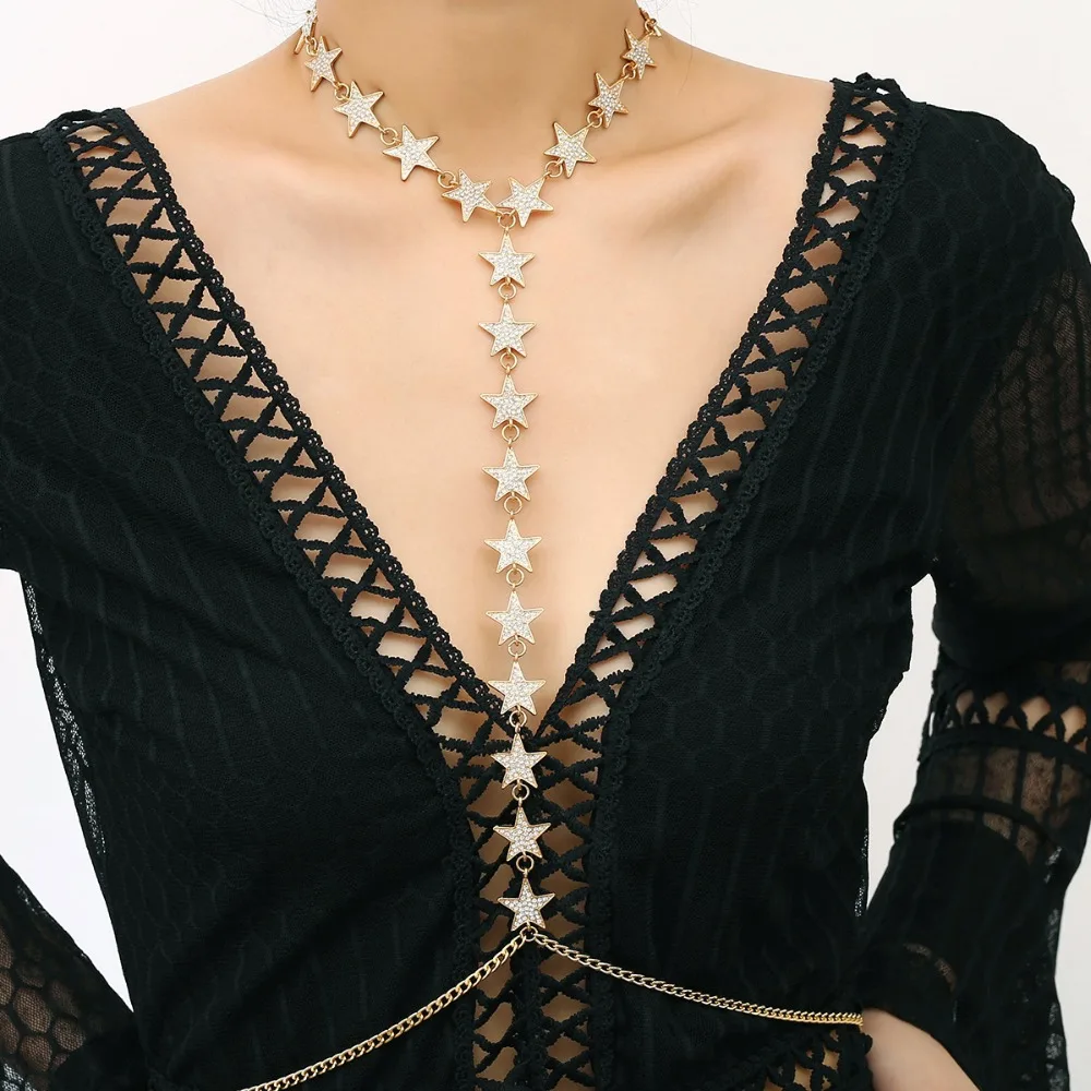 New Sexy Gold Color Alloy Star Crystal Body Chain Jewelry for Women Ladies Chest Bikini Necklace Gift BC146 | Украшения и